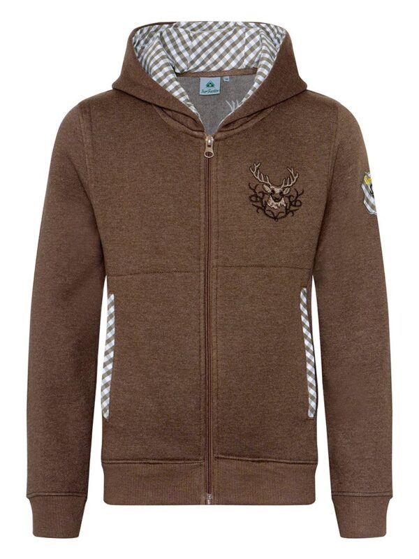 Kinder Kapuzen-Sweatjacke braun mit Hirschstickerei Ben 013487 ~ 86