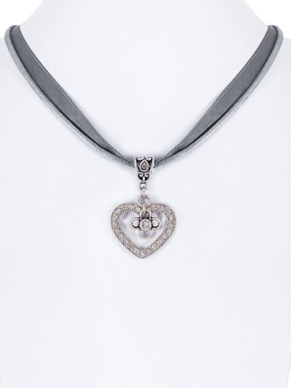 Collier verschiedenfarbig mit Herzanhänger und Satinband 005703 ~ grau