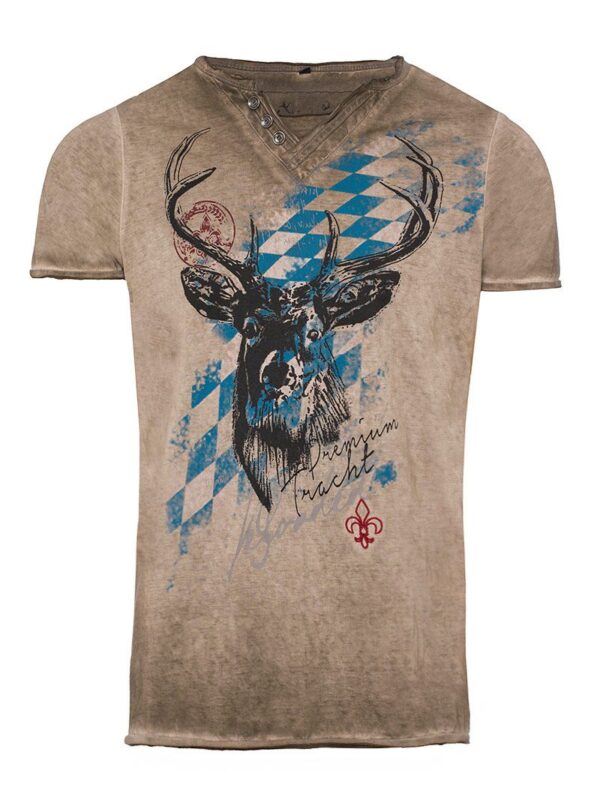 Trachtenshirt kurzarm braun mit Rauten und Hirsch Bavaria 006567 ~ XXL